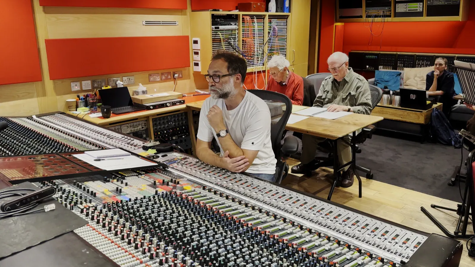 Jan Swafford seated in the control room at Abbey Road Studios during an orchestral recording session